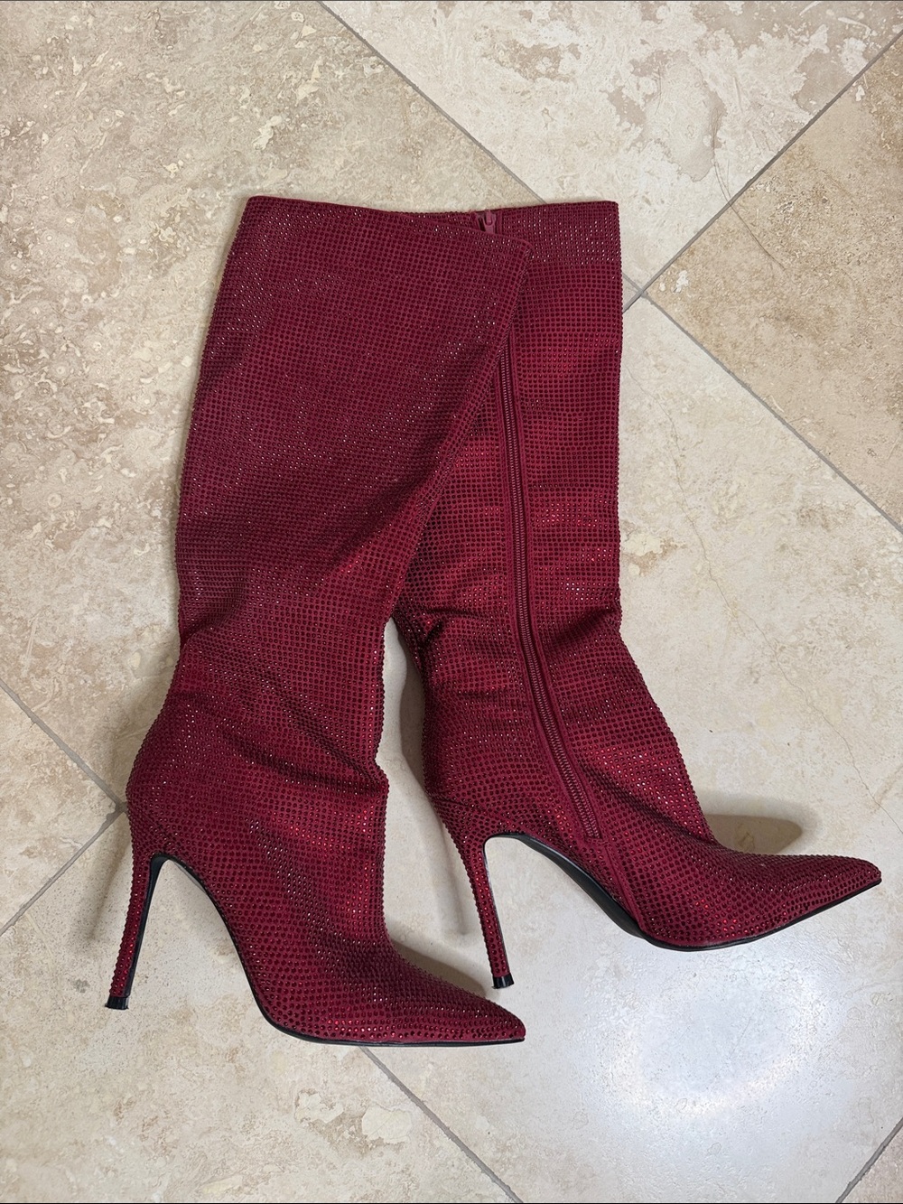 💕Red Rhinestone Pointed-Toe Stiletto Boots💕